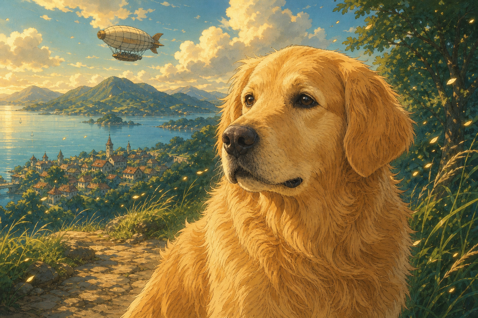Max the golden retriever imagined in a hand-painted animated world above a lakeside village